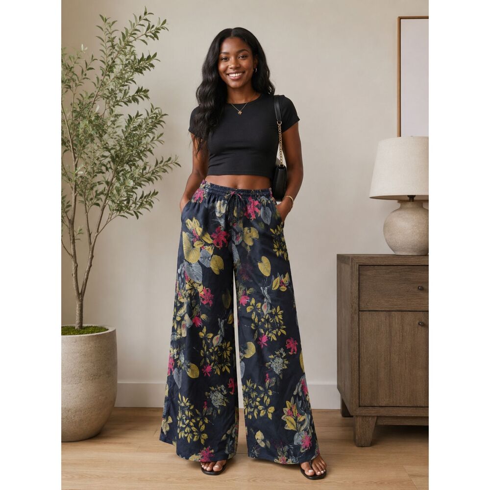 Shein Tropical Floral Wide Leg Palazzo Pants High Waisted Drawstring Size XL